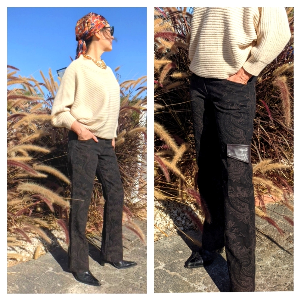 ITALIA STUDIO | Brocade Jeans rich brown, leather trim accents US 4 NWT